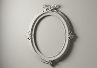 Poster - Oval picture frame with decorative design and ribbon on a wall. Elegant oval picture frame with floral ornaments and bow on top