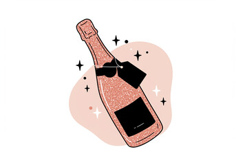 Poster - Champagne bottle with tag and sparkles on pink background. Champagne bottle for party celebration