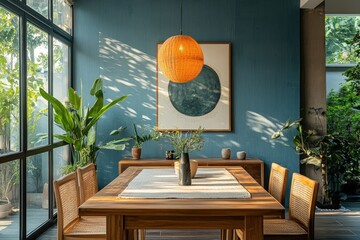 Aufkleber - Decorative vases and minimalistic artwork enhance a bright, contemporary interior during midday sunlight in a cozy living space