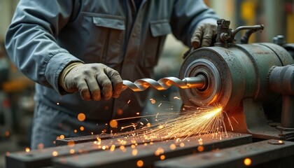 Poster - Factory worker sharpens large drill grinder. Sparks fly. Close-up industrial process, steel blade sharpening using machinery. Metalworking, grinding process in workshop. Worker wearing gloves