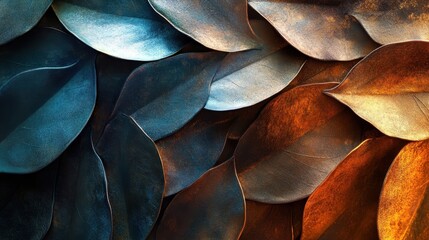 Fototapete - Intricate patterns of metallic leaves shimmering in twilight, showcasing the beauty of nature and art in a captivating, abstract arrangement