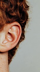 Poster - Close up of a healthy ear belonging to a redhead man with freckles, presented against a neutral background, highlighting the details of the human ear structure