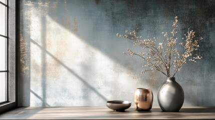 Poster - Decorative floral arrangement in vases on wooden table against textured blue wall with subtle colors reflecting natural beauty and artistic design elements