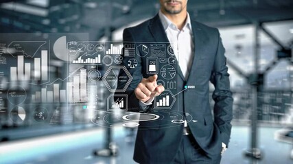 Aufkleber - Businessperson navigating futuristic holographic interface with data visualizations, charts, and question mark, representing technological decision making and problem solving strategies