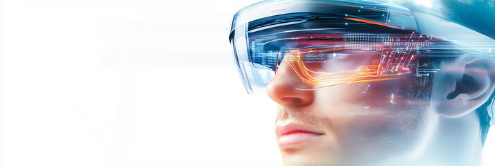 Poster - Man is looking with focus while wearing smart glasses featuring augmented reality interface. Bright urban background highlights innovation and technology applications