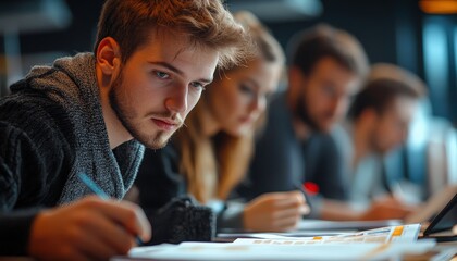 Fototapete - Collaboration among team members analyzing data during a brainstorming session in a cozy workspace filled with charts and graphs