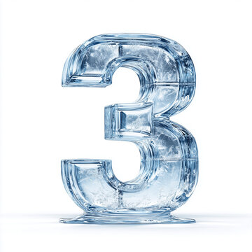 Crystal Ice Numeral three: A Frozen Alphabetical Icon, one, clean white background