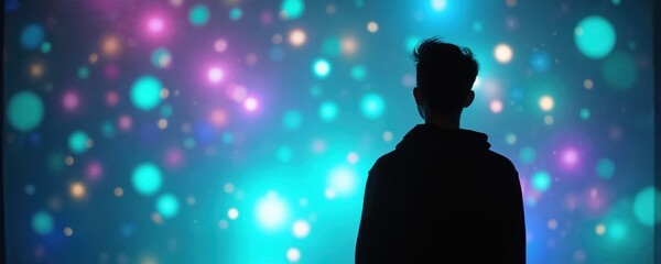 Poster - Person watching 3D projection mapping show. Silhouette against backdrop colorful light bokeh effects. Experiencing immersive visual excitement, wonder, digital display art.