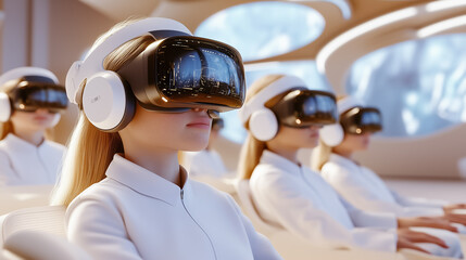 Poster - Users engage with virtual reality in modern classroom setting featuring sleek design and advanced tech. Bright interior promotes innovative education concept, technology training, digital learning
