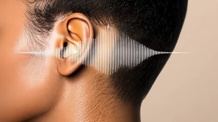 Poster - Sound waves traveling through inner ear canal, demonstrating auditory perception process for female with short hair and profile view of ear anatomy