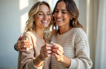 happy lesbian couple engagement day. two smiling women show ring. marriage proposal concept, love lo