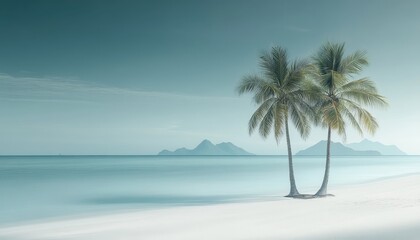 Poster - Tranquil tropical beach with palm trees and distant mountains under a serene sky at sunrise