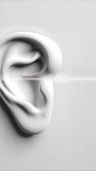 Poster - Sound waves flowing dynamically near stylized white human ear, revealing intricate auditory perception and sound transmission process against minimalistic background