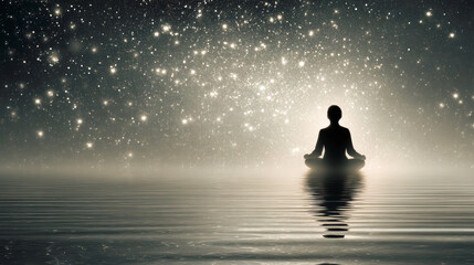 Poster - Silhouette meditating in lotus pose under a starry sky with reflections in calm water