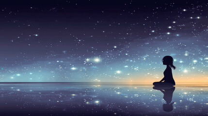 Poster - Sitting in serenity, a silhouette contemplates the cosmos beneath a starry sky reflecting on water