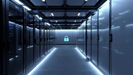 Aufkleber - Server room metal door sliding open, revealing long rows of blinking computer servers with digital padlock icon highlighting advanced data protection and network security infrastructure