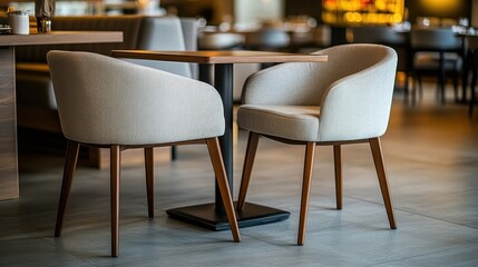 Aufkleber - Stylish dining setup with elegant chairs and a table in a well-lit restaurant surrounded by greenery during the afternoon