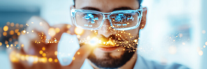 Poster - Man in glasses examines glowing digital connections with thoughtful expression in modern office setting. Concept of technology, innovation, digital marketing