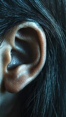 Poster - Close up of a healthy human ear surrounded by dark hair, emphasizing the sense of hearing and its importance in communication and perception of sounds