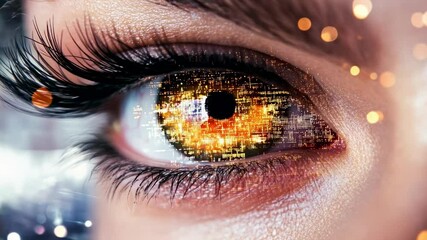 Poster - Close up of woman eye reflecting illuminated cityscape at night, symbolizing digital vision, smart city, and technological advancements in urban planning