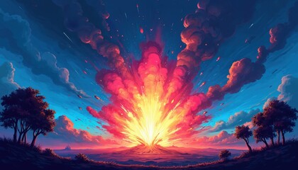 Aufkleber - Hand-painted cartoon explosion illustration. Majestic sky vibrant colors, bright light flashes. Dark silhouettes of trees. Pink red clouds in blue sunset sky. Illustration nature, energy, shock