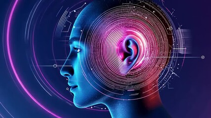 Aufkleber - Advanced technology visualizing sound waves entering human ear, analyzing neural communication through futuristic medical rendering highlighting sensory processing and digital health innovation