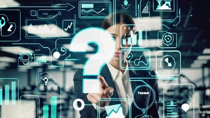 Poster - Businesswoman interacting with holographic interface displaying question marks and data analysis charts, exploring solutions and making decisions in a technological corporate environment