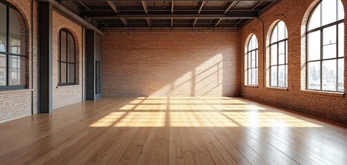 Poster - Panoramic view empty industrial office hall. Exposed brick wall, wooden floor, arched windows with city skyline. Loft style architecture, modern renovated space, interior design, construction