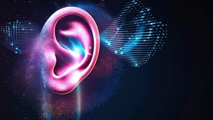 Poster - Sound waves are entering a human ear, creating a visual representation of the hearing process with light and particles effects on a dark background