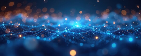 Poster - Abstract futuristic digital background. Blue, gold bokeh effect. Tech innovation, business concept. Cyberspace, network, AI artificial intelligence, data transfer, computer, science fiction.