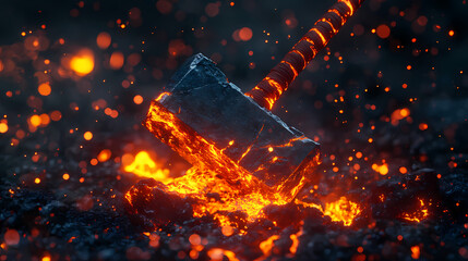 Wall Mural - Design a powerful hammer forged from dragon scales and molten lava, depicted in a bold and vibrant cg 3d rendering, emanating sparks and energy , cgi vfx style. Soulbound Hammer. Illustration