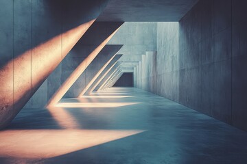 Leinwandbilder - Unique architectural design captures light and shadows in modern concrete interior with angular forms and dramatic staircases in a large, open space