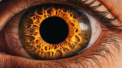 Poster - Close up of a human eye featuring a unique golden honeycomb pattern on the iris, reflecting light and revealing intricate details like blood vessels and eyelashes