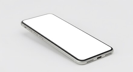 A silver smartphone is displayed at an angle against a clean, bright background, showcasing its sleek design and minimalist aesthetic.