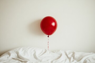 Poster - A single red balloon floating above a white bed against a plain white wall in a minimalist style