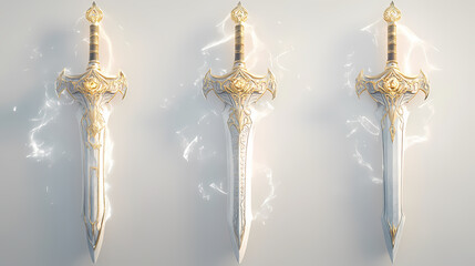 Fototapete - Enchanted daggers with ethereal symbols, set against a pristine white backdrop, showcasing intricate designs and a magical aura in a captivating 3d rendering. Ethereal Forge. Illustration