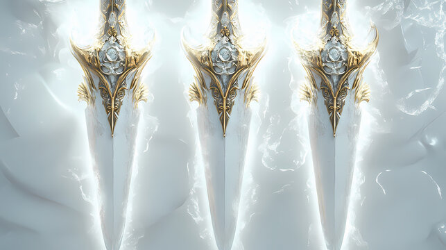 Enchanted daggers with ethereal symbols, set against a pristine white backdrop, showcasing intricate designs and a magical aura in a captivating 3d rendering. Ethereal Forge. Illustration
