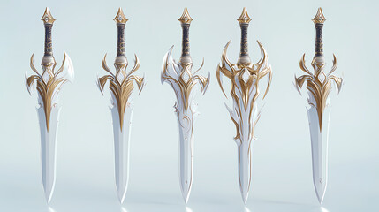 Fototapete - Enchanted daggers with ethereal symbols, set against a pristine white backdrop, showcasing intricate designs and a magical aura in a captivating 3d rendering. Ethereal Forge. Illustration