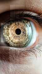 Poster - Close up of a human eye with an iris displaying an intricate network of glowing digital lines and circles, representing the integration of technology with human vision