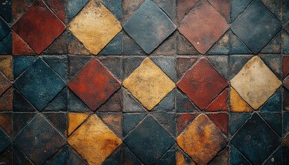 Poster - Colorful arrangement of textured tiles on a wall showcasing warm and cool tones during daylight hours