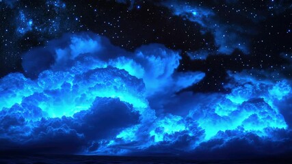 Wall Mural - the sky is filled with blue clouds and stars. the blue clouds are glowing in the dark sky