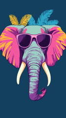 Poster - Colorful Elephant in Sunglasses Summer Illustration with Tropical Vibes in Flat Minimalist Vector Art