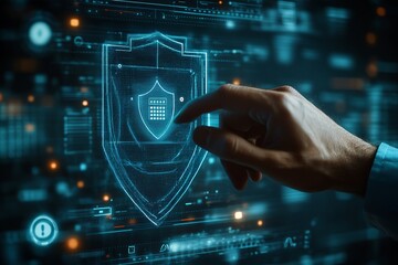 Poster - hand interacting with digital shield on screen representing cybersecurity protection system online s