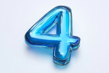 Poster - Shiny blue number four in transparent 3D glass design with modern artistic curvature and numeric styling, Generative AI