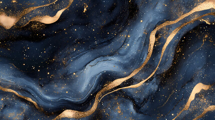 Wall Mural - Navy blue celestial backdrop with gold stars, dark edges, cosmic,glitter effect. Stellar Pattern. Illustration