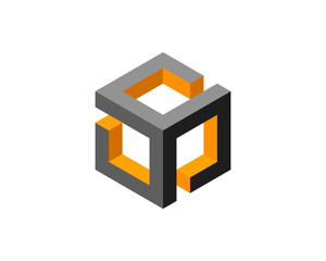 Poster - Abstract isometric cube design.  Gray and orange geometric shapes create a modern, minimalist logo or graphic element.