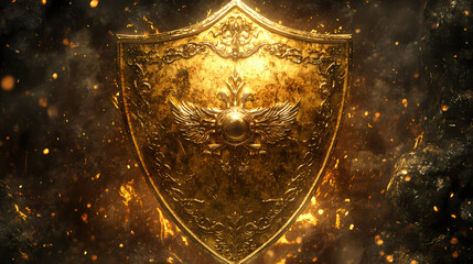 Wall Mural - Unveils a golden shield adorned with intricate carvings and a prominent design. Ebonveil Shield. Illustration