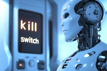 Poster - Humanoid robot standing beside illuminated kill switch control panel symbolizing emergency AI shutdown protocol, Generative AI