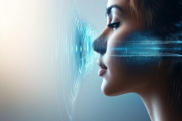 Poster - Womans face being scanned with digital waves in close-up profile representing futuristic facial recognition and biometric ID, Generative AI