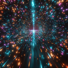 Poster - Hypnotic neon light trails converge in a dazzling burst, evoking a sense of cosmic speed and limitless potential. Perfect for illustrating technology, innovation, travel, or the vastness of space.